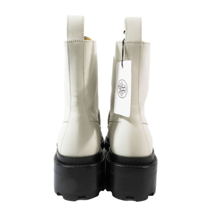 Hermes Funk Kelly Buckle Leather Short Boots Lace Up Shoes White
