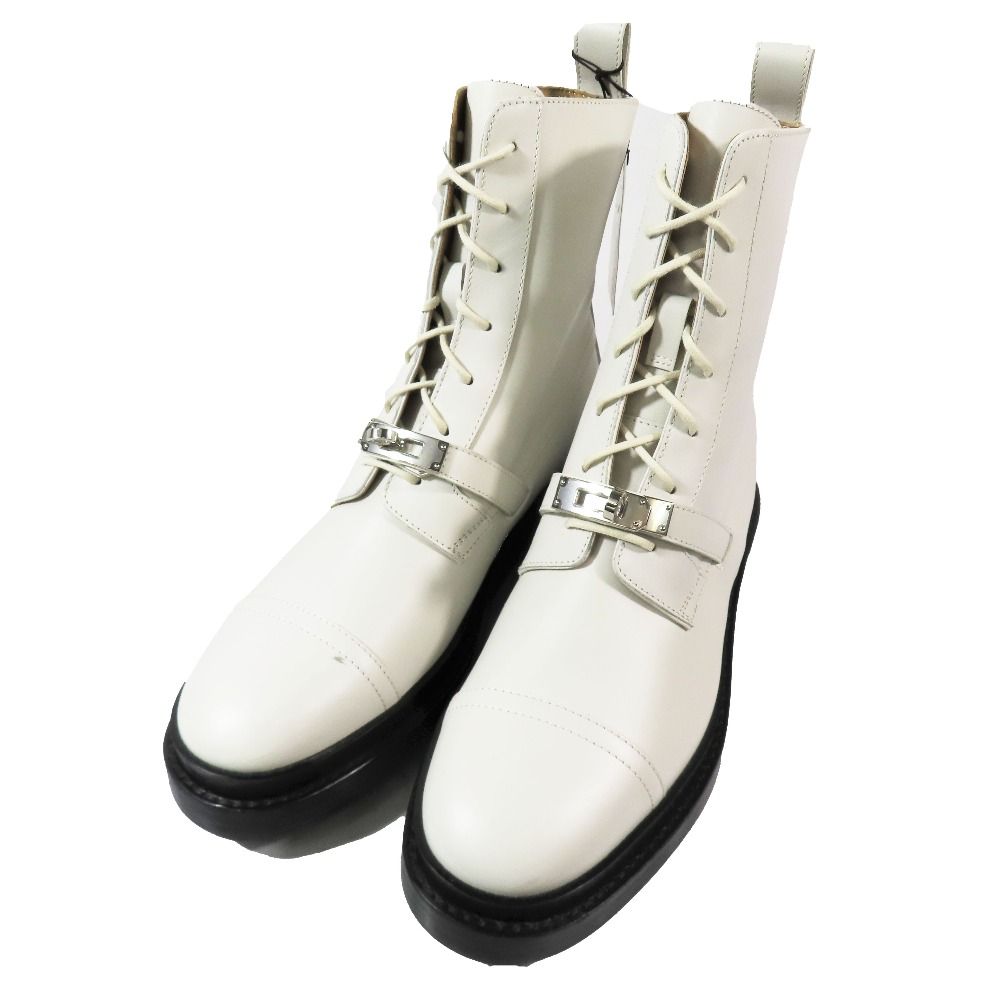 Hermes Funk Kelly Buckle Leather Short Boots Lace Up Shoes White