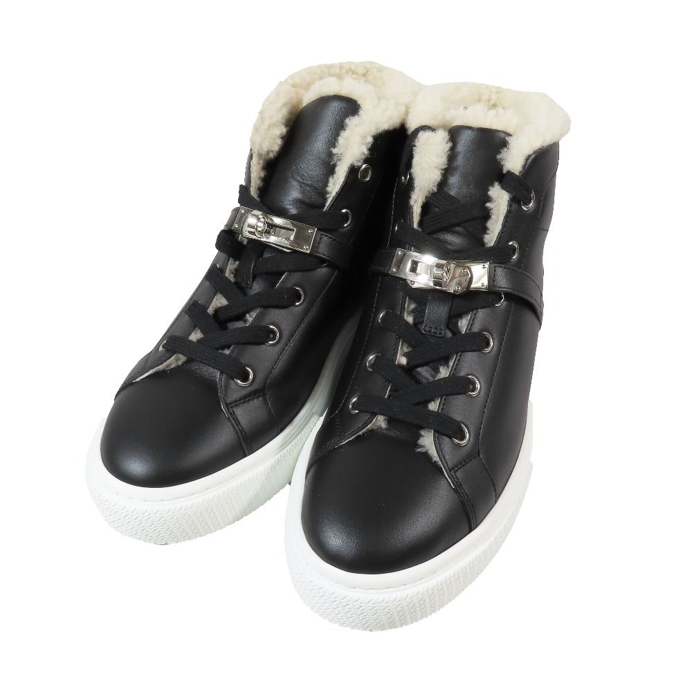 Hermes Day Kelly Buckle Silver Shearling Leather Short Boots Shoes Black