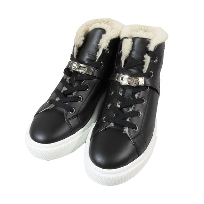 Hermes Day Kelly Buckle Silver Shearling Leather Short Boots Shoes Black