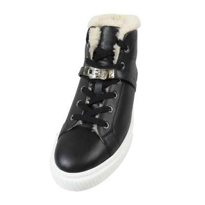 Hermes Day Kelly Buckle Silver Shearling Leather Short Boots Shoes Black