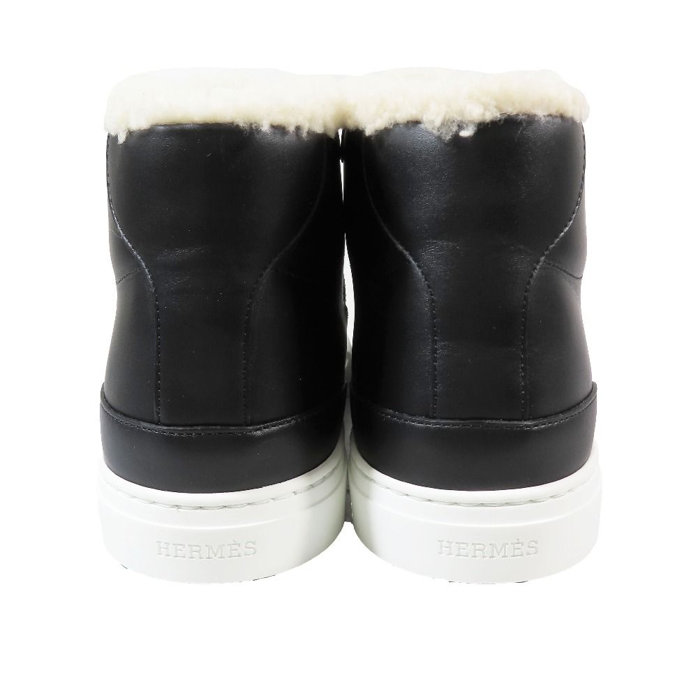 Hermes Day Kelly Buckle Silver Shearling Leather Short Boots Shoes Black