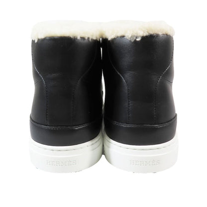 Hermes Day Kelly Buckle Silver Shearling Leather Short Boots Shoes Black