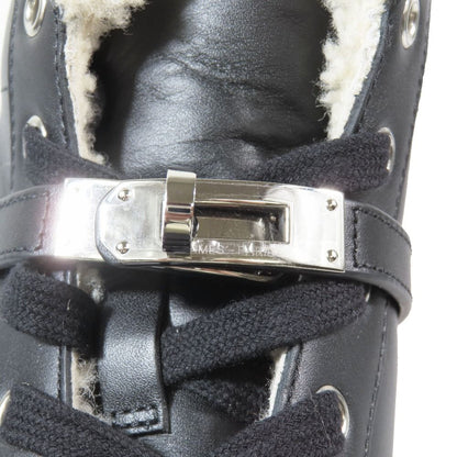 Hermes Day Kelly Buckle Silver Shearling Leather Short Boots Shoes Black