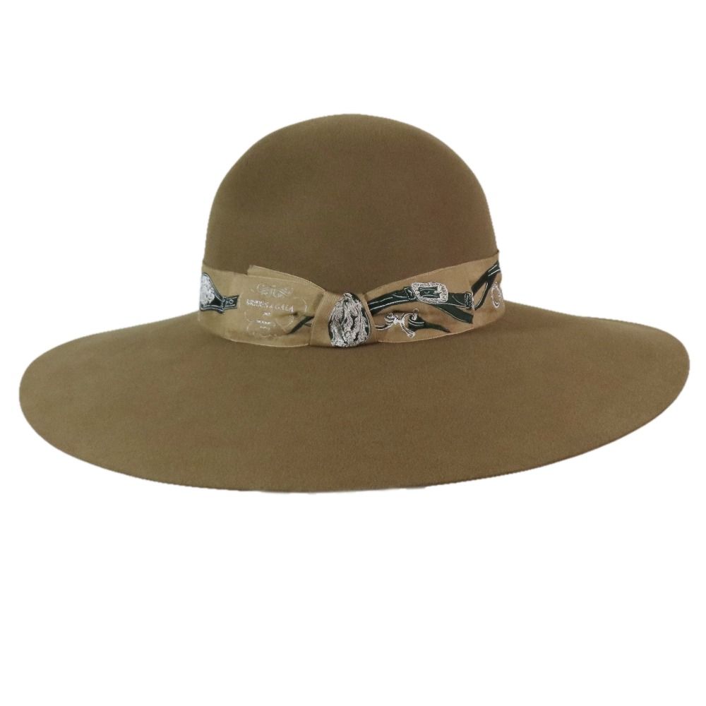 Hermes Francoise Brides de Gala Rabbit Wool Felt Long Brim Hat Wide 57 Brown