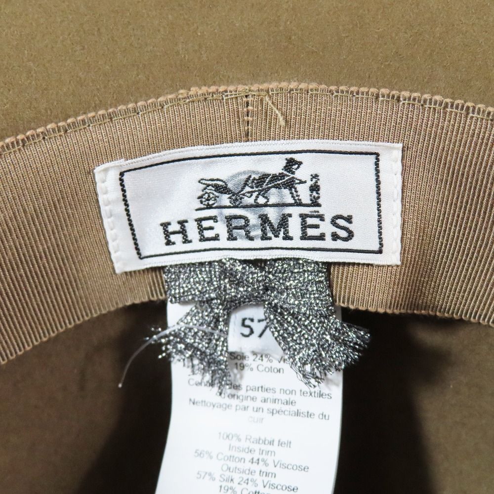 Hermes Francoise Brides de Gala Rabbit Wool Felt Long Brim Hat Wide 57 Brown