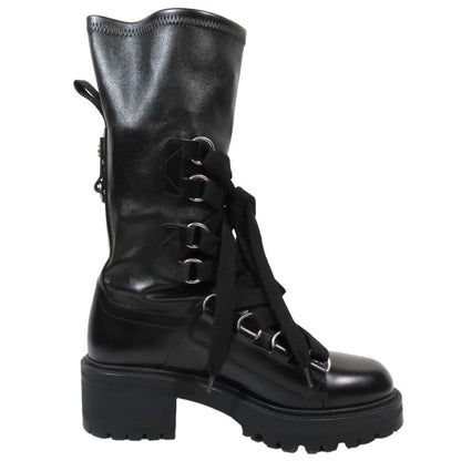 Dior Leather Boots Lace Up Logo Print Shoes 37 Black