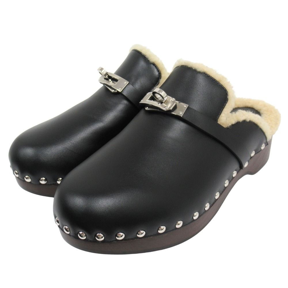 Hermes Carlotta Shearling Sandals Mules Shoes Kelly Silver Studs