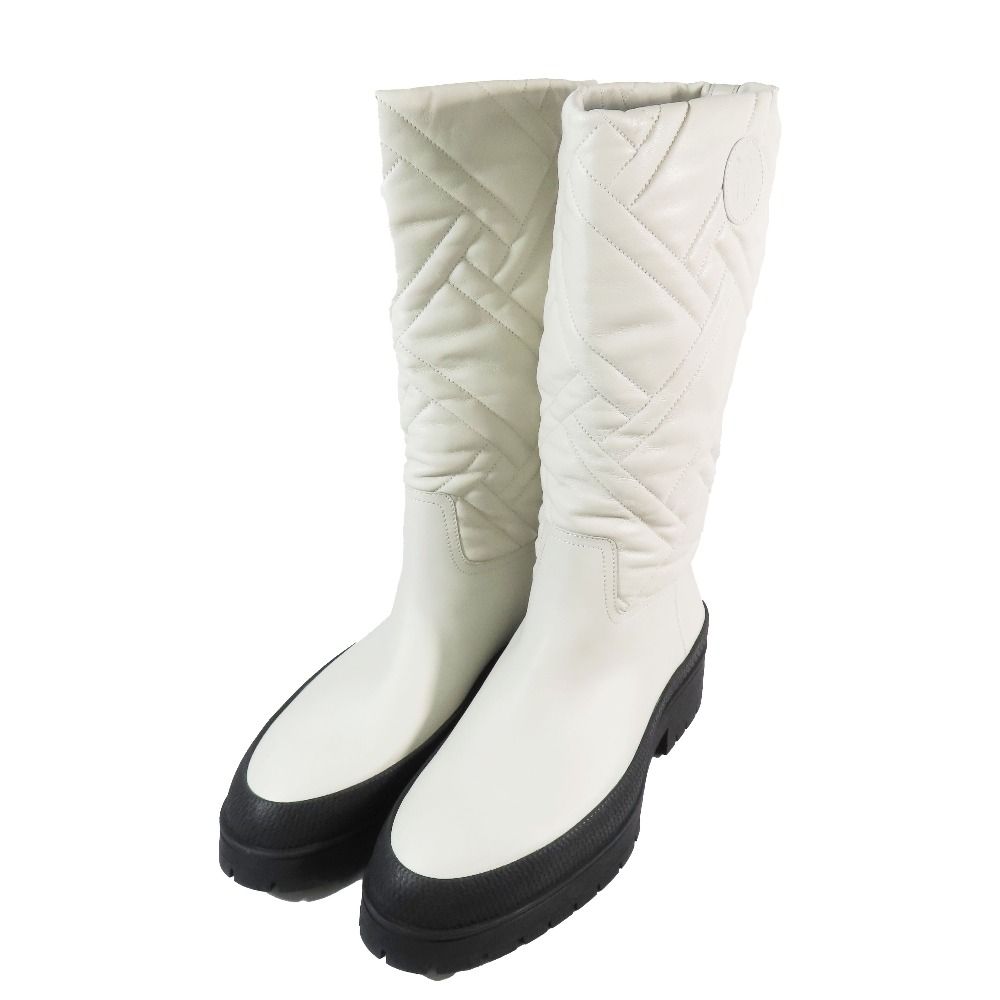 Hermes Leather Long Boots Exlibris Quilted Logo Shoes Ivory