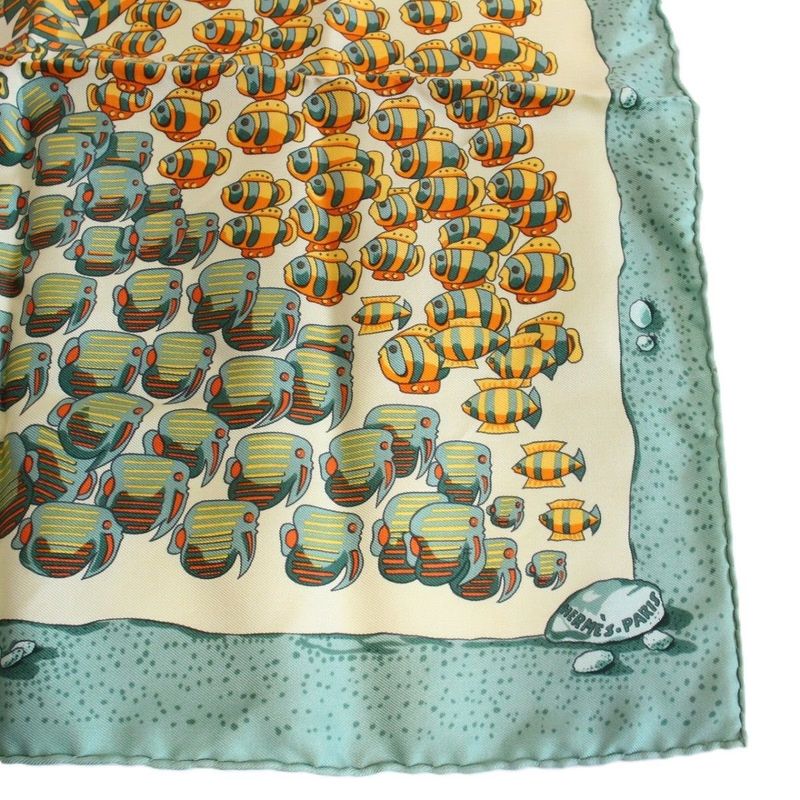 Hermes Carre 45 Scarf Gavroche Tropical Fish Silk Green