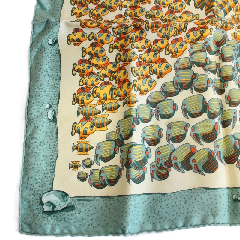 Hermes Carre 45 Scarf Gavroche Tropical Fish Silk Green