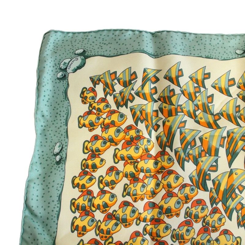 Hermes Carre 45 Scarf Gavroche Tropical Fish Silk Green