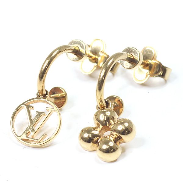 Louis Vuitton Earrings Blooming Gold Metal LV Circle Monogram Flower