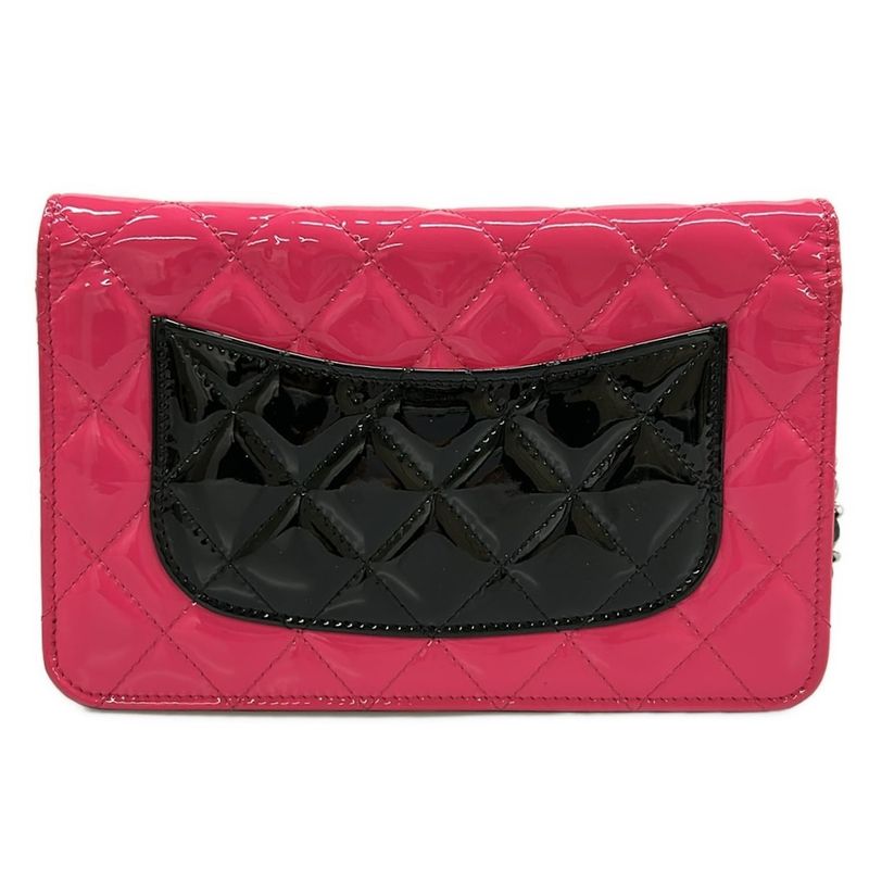 Chanel Wallet Quilted Pink Black Chain Silver Leather