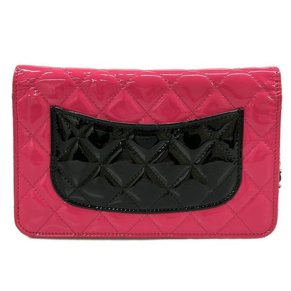 Chanel Wallet Quilted Pink Black Chain Silver Leather