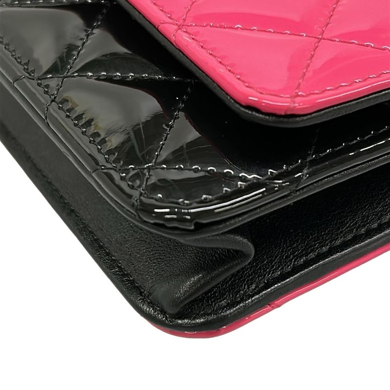 Chanel Wallet Quilted Pink Black Chain Silver Leather