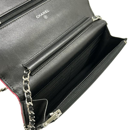 Chanel Wallet Quilted Pink Black Chain Silver Leather