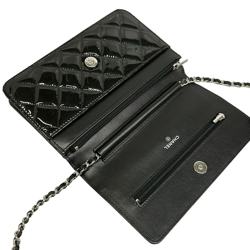 Chanel Wallet Quilted Pink Black Chain Silver Leather