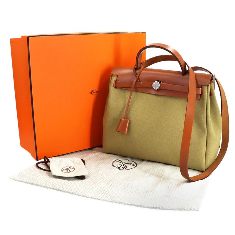 Hermes Herbag Zip Lutourne 31 PM 2-Way Hand Shoulder Bag Toile Military