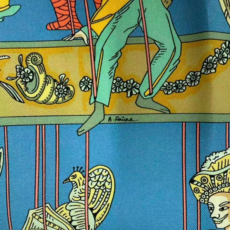 Hermes Carre 90 le Temps Des Marionnettes Marionette Time Silk Scarf Blue