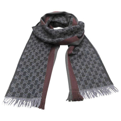 Gucci Scarf Shawl Web Line GG Pattern Fringe Gray Black
