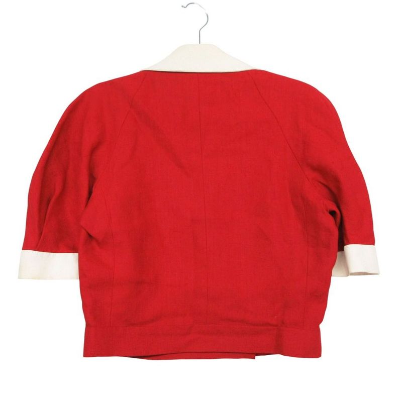 Chanel Vintage Set Cropped Jacket Double Gold Button Dress Linen 38 M Red