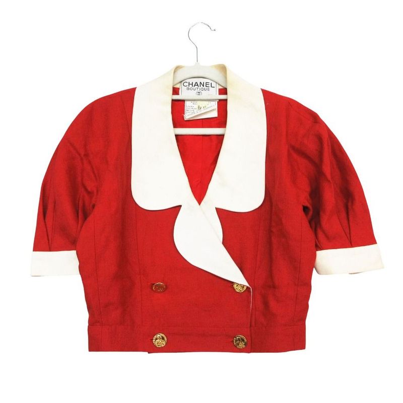 Chanel Vintage Set Cropped Jacket Double Gold Button Dress Linen 38 M Red