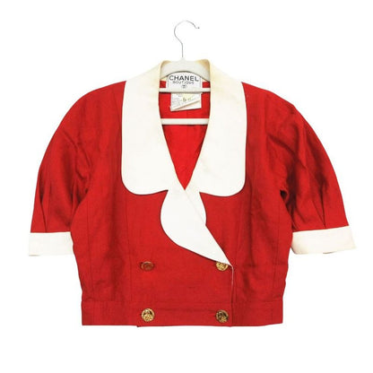 Chanel Vintage Set Cropped Jacket Double Gold Button Dress Linen 38 M Red