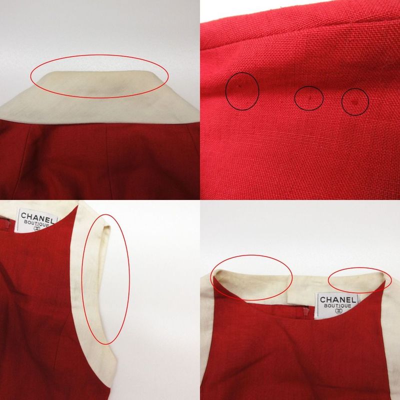 Chanel Vintage Set Cropped Jacket Double Gold Button Dress Linen 38 M Red