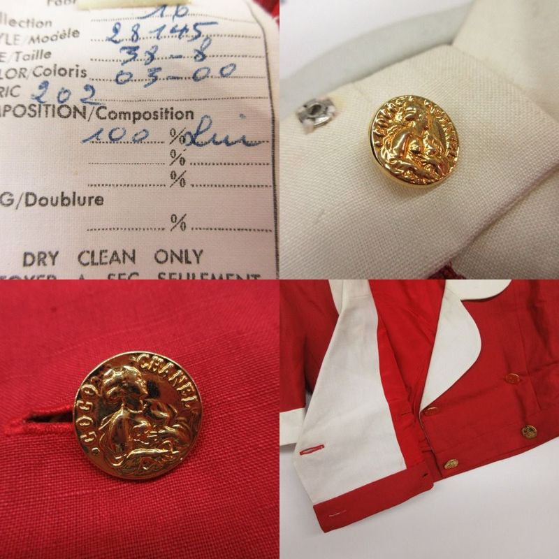 Chanel Vintage Set Cropped Jacket Double Gold Button Dress Linen 38 M Red