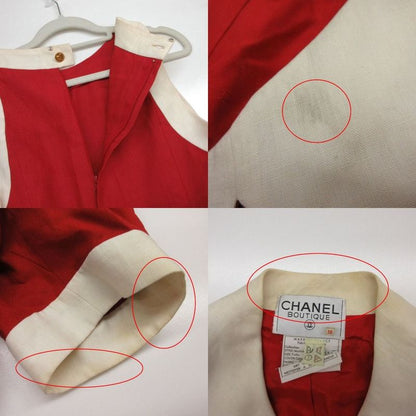 Chanel Vintage Set Cropped Jacket Double Gold Button Dress Linen 38 M Red