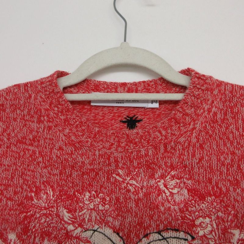 Dior Cashmere Blend Knit Sweater Long Sleeve Heart Embroidery 38 S Red