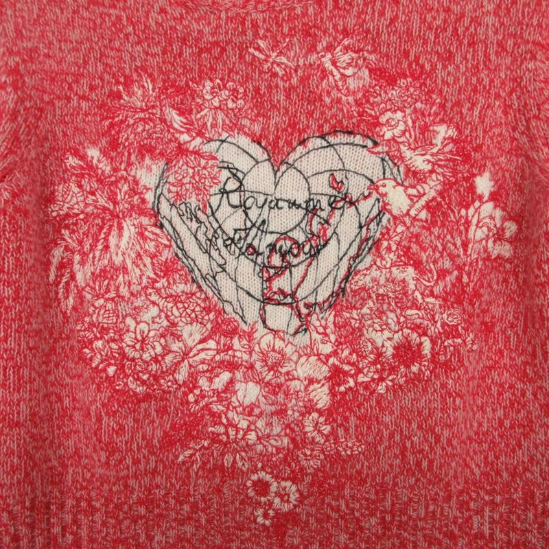 Dior Cashmere Blend Knit Sweater Long Sleeve Heart Embroidery 38 S Red