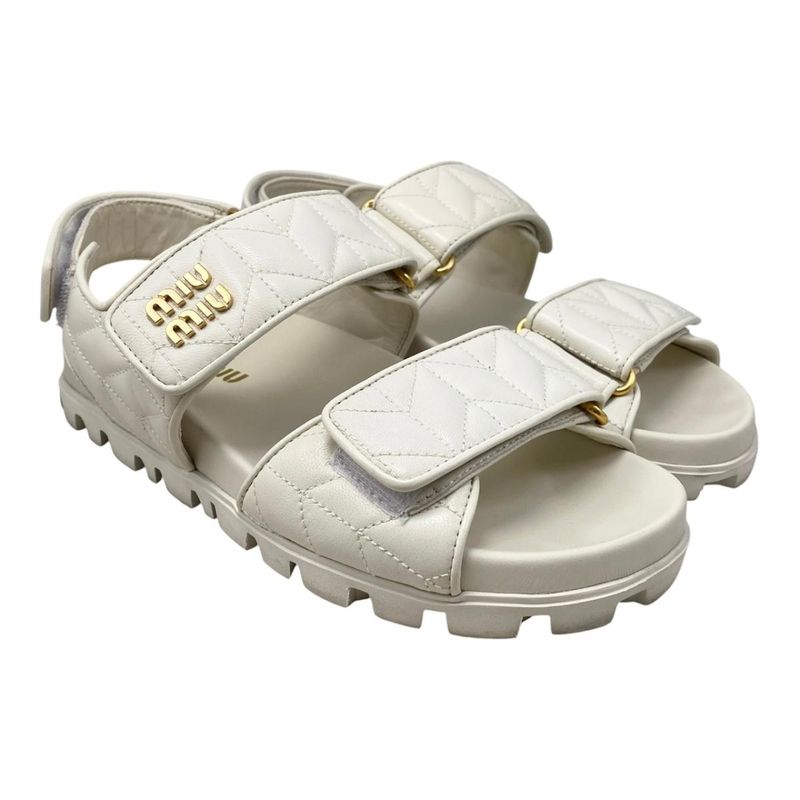 Miu Miu Miu Sandals Sporty Matelasse Leather 36.5 Metal Logo White Gold