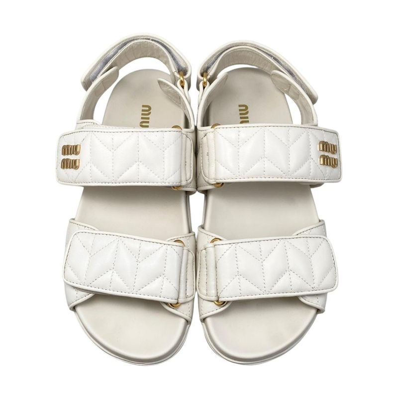 Miu Miu Miu Sandals Sporty Matelasse Leather 36.5 Metal Logo White Gold