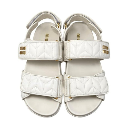 Miu Miu Miu Sandals Sporty Matelasse Leather 36.5 Metal Logo White Gold