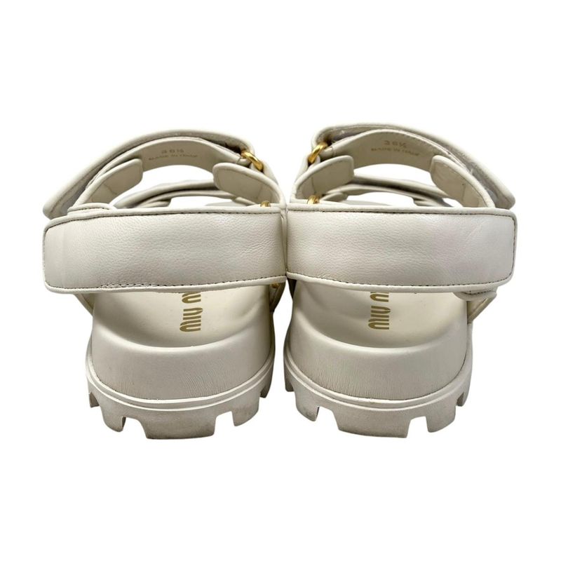 Miu Miu Miu Sandals Sporty Matelasse Leather 36.5 Metal Logo White Gold