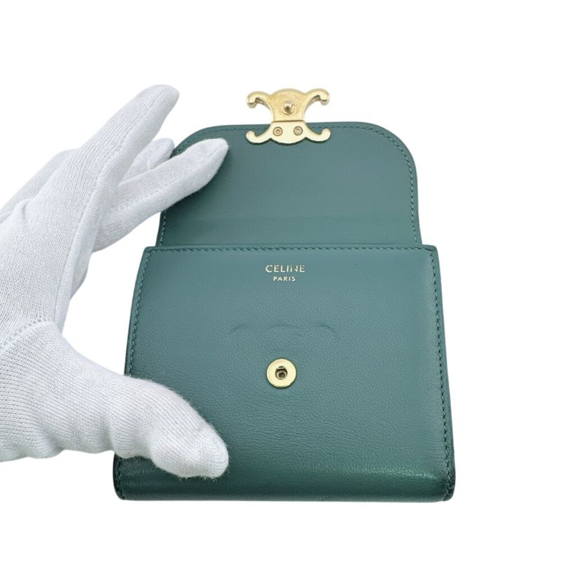 Celine Compact Wallet Small Flap Triomphe Leather Trifold Green