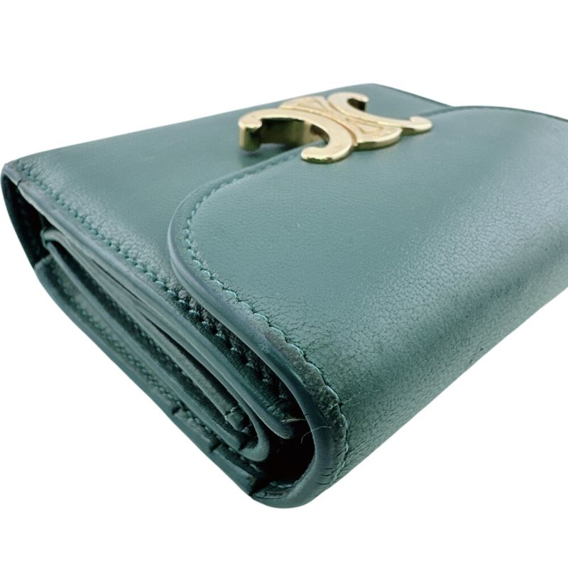 Celine Compact Wallet Small Flap Triomphe Leather Trifold Green