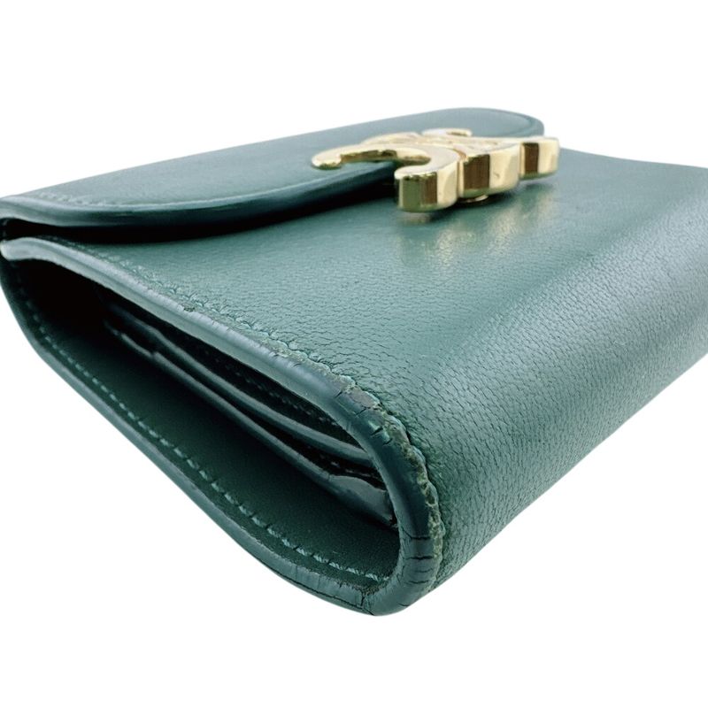Celine Compact Wallet Small Flap Triomphe Leather Trifold Green