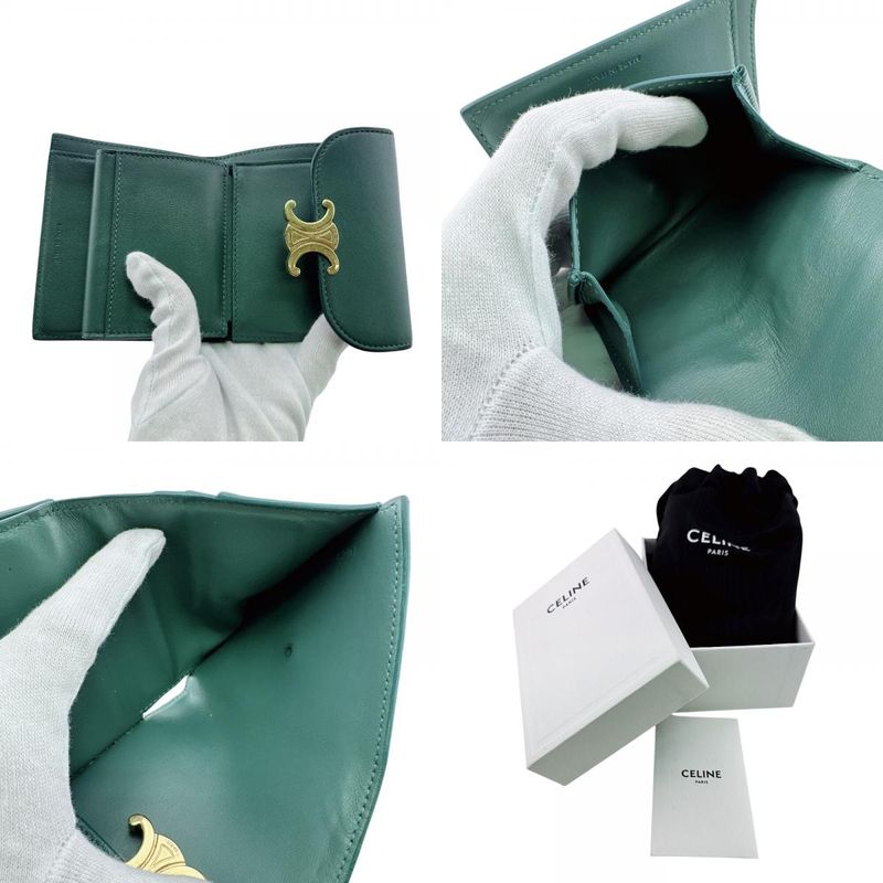 Celine Compact Wallet Small Flap Triomphe Leather Trifold Green