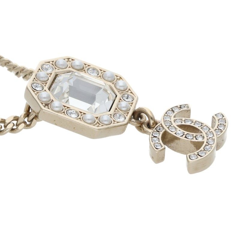 Chanel CC Logo Line Stone Faux Pearl Necklace