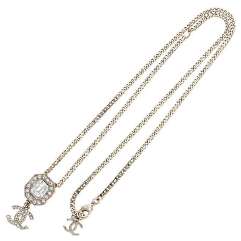 Chanel CC Logo Line Stone Faux Pearl Necklace