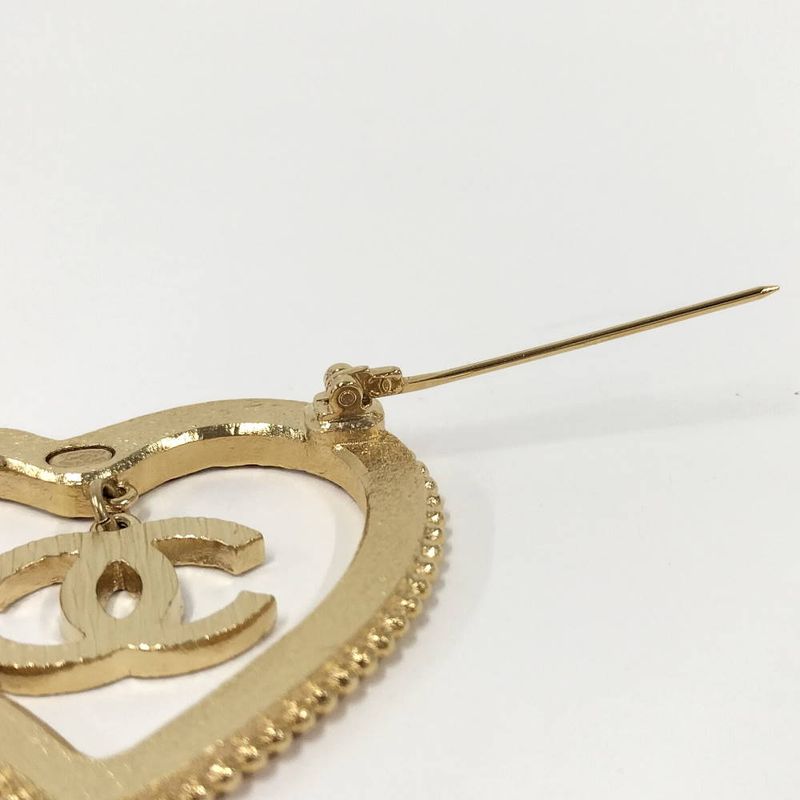 Chanel Heart Brooch CC Logo Line Stone Gold Plated