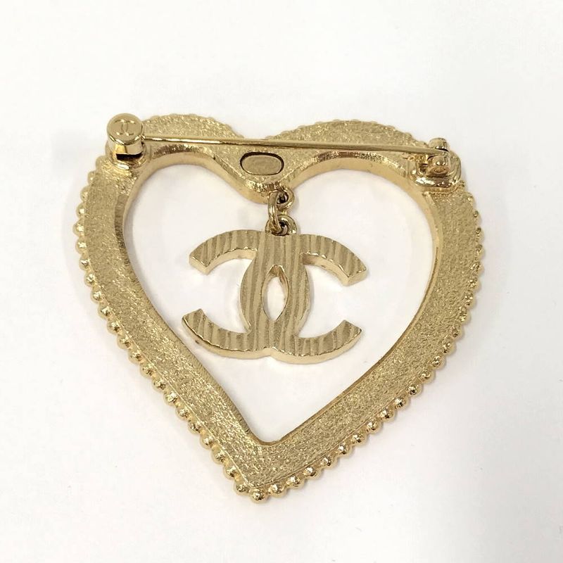 Chanel Heart Brooch CC Logo Line Stone Gold Plated
