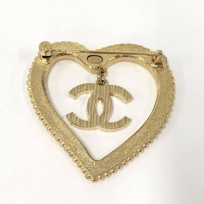Chanel Heart Brooch CC Logo Line Stone Gold Plated