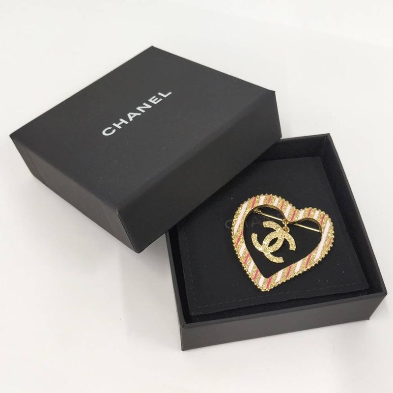Chanel Heart Brooch CC Logo Line Stone Gold Plated