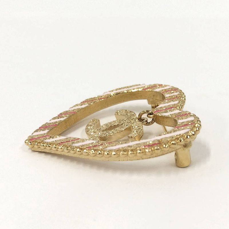 Chanel Heart Brooch CC Logo Line Stone Gold Plated