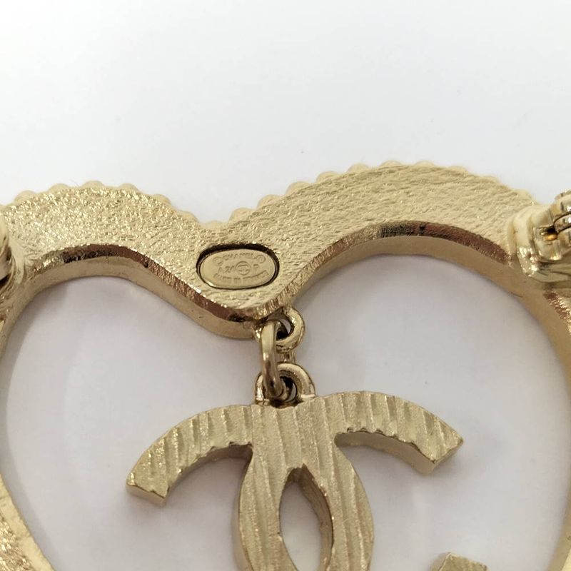 Chanel Heart Brooch CC Logo Line Stone Gold Plated