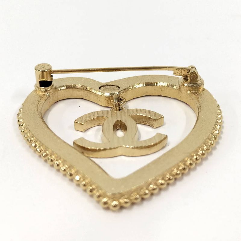 Chanel Heart Brooch CC Logo Line Stone Gold Plated